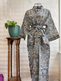 Pure Cotton Handprinted House Robe Summer Kimono | Floral Beach Coverup/Comfy Maternity Mom | Monochromatic Grey White Rust Botanical Floral