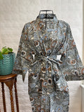 Pure Cotton Handprinted House Robe Summer Kimono | Floral Beach Coverup/Comfy Maternity Mom | Monochromatic Grey White Rust Botanical Floral
