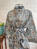Pure Cotton Handprinted House Robe Summer Kimono | Floral Beach Coverup/Comfy Maternity Mom | Monochromatic Grey White Rust Botanical Floral