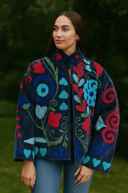 Velvet Suzani Artisan Hand Embroidered Short Jacket | Autumn Winter Boho  | Luxury Special Gift | Love Navy