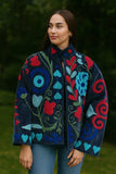 Velvet Suzani Artisan Hand Embroidered Short Jacket | Autumn Winter Boho  | Luxury Special Gift | Love Navy
