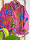 Velvet Suzani Artisan Hand Embroidered Short Jacket | Autumn Winter Boho  | Luxury Special Gift | Love Pink