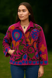 Velvet Suzani Artisan Hand Embroidered Short Jacket | Autumn Winter Boho  | Luxury Special Gift | Love Pink