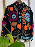 Velvet Suzani Artisan Hand Embroidered Short Jacket | Autumn Winter Boho  | Luxury Special Gift | Love Black