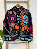 Velvet Suzani Artisan Hand Embroidered Short Jacket | Autumn Winter Boho  | Luxury Special Gift | Love Black