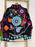 Velvet Suzani Artisan Hand Embroidered Short Jacket | Autumn Winter Boho  | Luxury Special Gift | Love Black