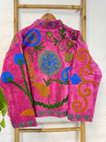Velvet Suzani Artisan Hand Embroidered Short Jacket | Autumn Winter Boho  | Luxury Special Gift | Love Pink