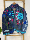 Velvet Suzani Artisan Hand Embroidered Short Jacket | Autumn Winter Boho  | Luxury Special Gift | Love Navy