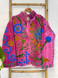 Velvet Suzani Artisan Hand Embroidered Short Jacket | Autumn Winter Boho  | Luxury Special Gift | Love Pink