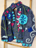 Velvet Suzani Artisan Hand Embroidered Short Jacket | Autumn Winter Boho  | Luxury Special Gift | Love Navy