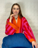 Pure Cotton Handprinted House Robe Tropical Kimono - Chunky Stripe Quirky Cheetah Beach Coverup/Comfy Maternity | Pink Orange Hue