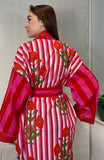 Pure Cotton Handprinted House Robe Tropical Kimono - Chunky Stripe Quirky  Beach Coverup/Comfy Maternity | Pink Red Hue