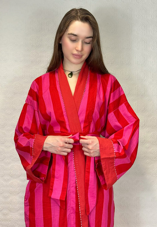 Pure Cotton Handprinted House Robe Tropical Kimono - Chunky Stripe Quirky  Beach Coverup/Comfy Maternity | Pink Red Hue