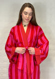 Pure Cotton Handprinted House Robe Tropical Kimono - Chunky Stripe Quirky  Beach Coverup/Comfy Maternity | Pink Red Hue