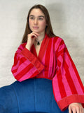 Pure Cotton Handprinted House Robe Tropical Kimono - Chunky Stripe Quirky  Beach Coverup/Comfy Maternity | Pink Red Hue