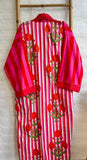 Pure Cotton Handprinted House Robe Tropical Kimono - Chunky Stripe Quirky  Beach Coverup/Comfy Maternity | Pink Red Hue