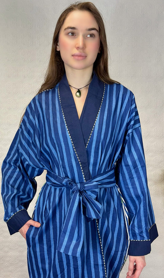 Pure Cotton Handprinted House Robe Tropical Kimono - Chunky Stripe Quirky  Beach Coverup/Comfy Maternity | Blue Pink Floral
