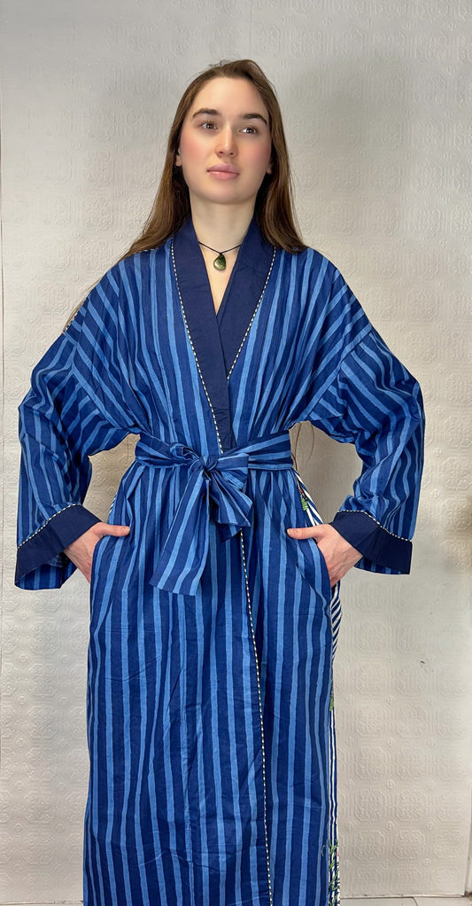 Pure Cotton Handprinted House Robe Tropical Kimono - Chunky Stripe Quirky  Beach Coverup/Comfy Maternity | Blue Pink Floral