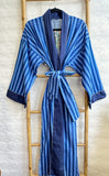 Pure Cotton Handprinted House Robe Tropical Kimono - Chunky Stripe Quirky  Beach Coverup/Comfy Maternity | Blue Pink Floral