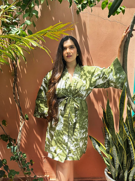 Pure Cotton Handprinted White Green Jungle  Knee Length