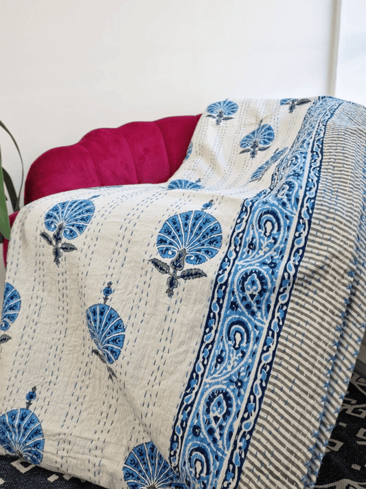 High Quality Hand dyed Shibori Kantha Throws in 100% Cotton-Blue kantha