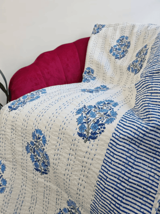 High Quality Hand dyed Shibori Kantha Throws in 100% Cotton-Blue kantha floria