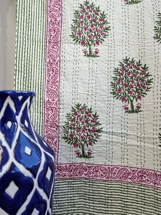 High Quality Hand dyed Shibori Kantha Throws in 100% Cotton-Pink green floral