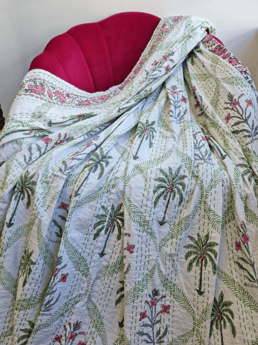 High Quality Hand dyed Shibori Kantha Throws in 100% Cotton-Green Palm