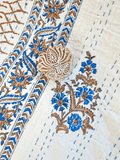High Quality Hand dyed Shibori Kantha Throws in 100% Cotton-White Blue Sand Beige Floral Stripe