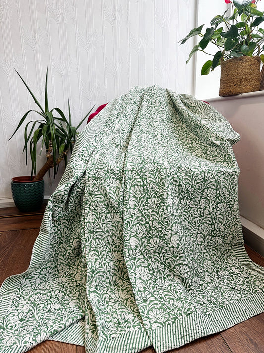 High Quality Hand dyed Shibori Kantha Throws in 100% Cotton-Green Flower
