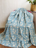 High Quality Hand dyed Shibori Kantha Throws in 100% Cotton-White Blue Garden Bloom Daisy