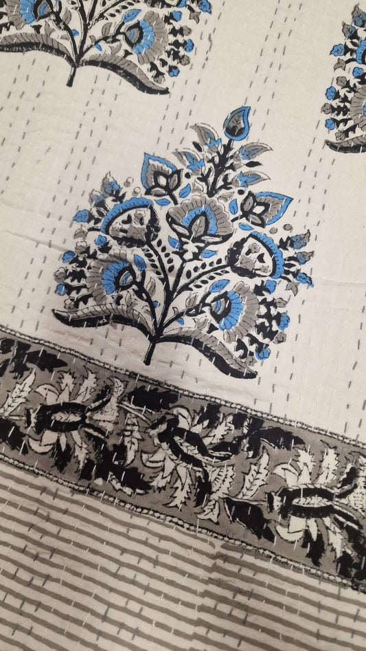 High Quality Hand dyed Shibori Kantha Throws in 100% Cotton-blue floral motif