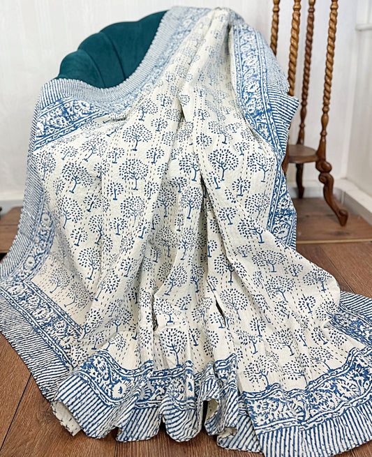 High Quality Hand dyed Shibori Kantha Throws in 100% Cotton-White Indigo Blue Tree of Life Pattern