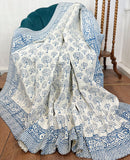 High Quality Hand dyed Shibori Kantha Throws in 100% Cotton-White Indigo Blue Tree of Life Pattern