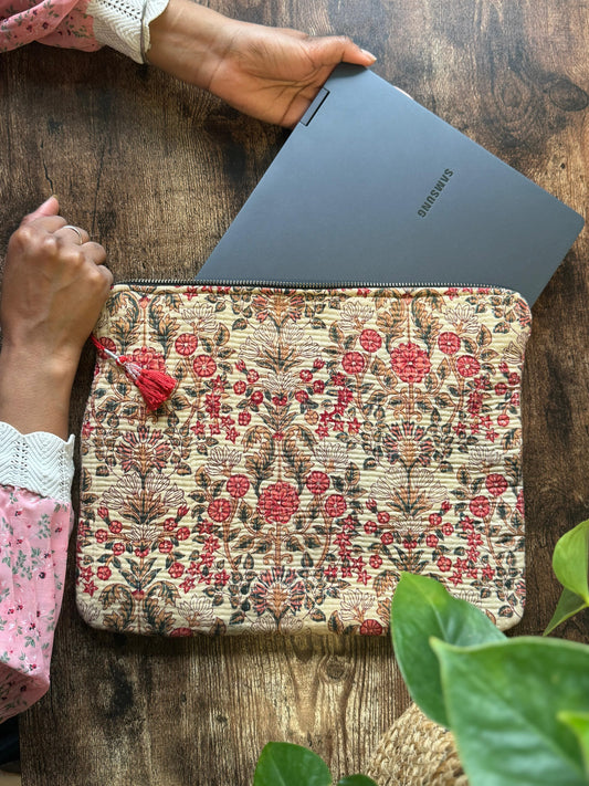 Handcrafted Artisanal Laptop Sleeve – Stylish Protection with a Personal Touch Beige with red flowers