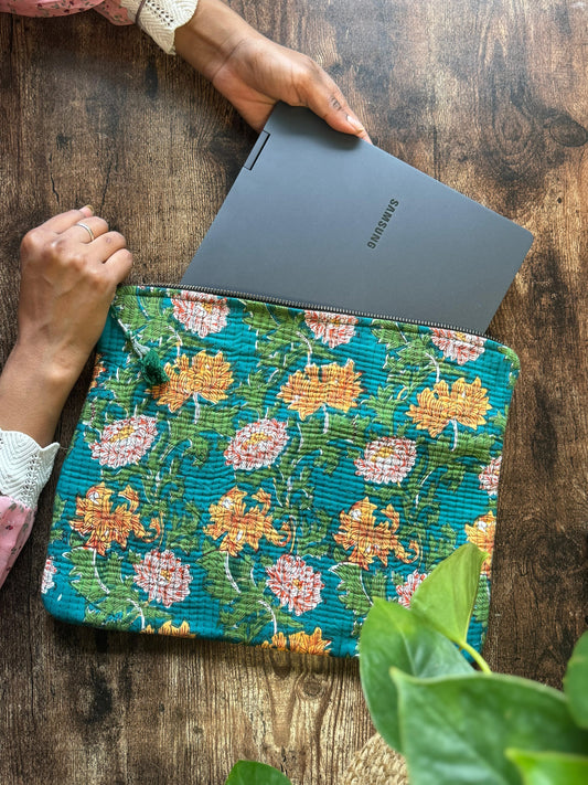 Handcrafted Artisanal Laptop Sleeve – Stylish Protection with a Personal Touch Green mustard flora