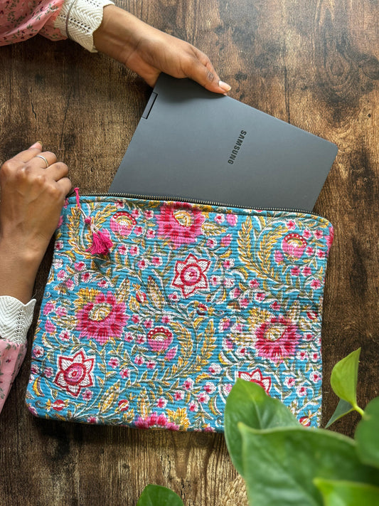 Handcrafted Artisanal Laptop Sleeve – Stylish Protection with a Personal Touch Blue with pink flowers
