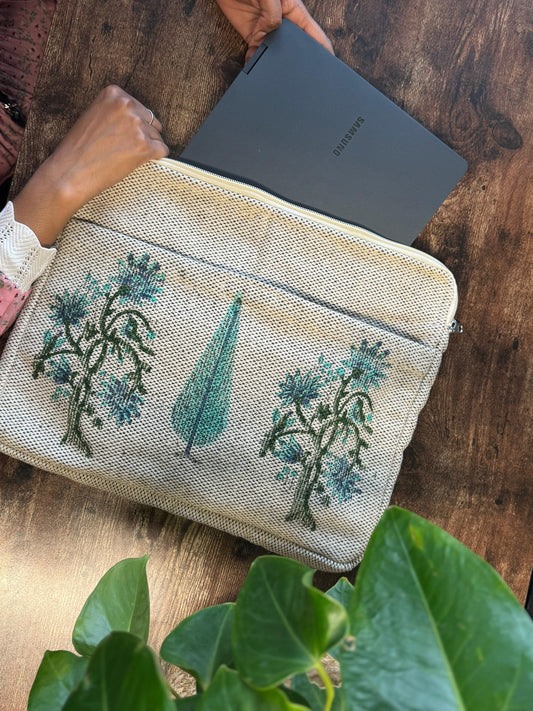 Handcrafted Artisanal Laptop Sleeve – Stylish Protection with a Personal Touch Blue palm