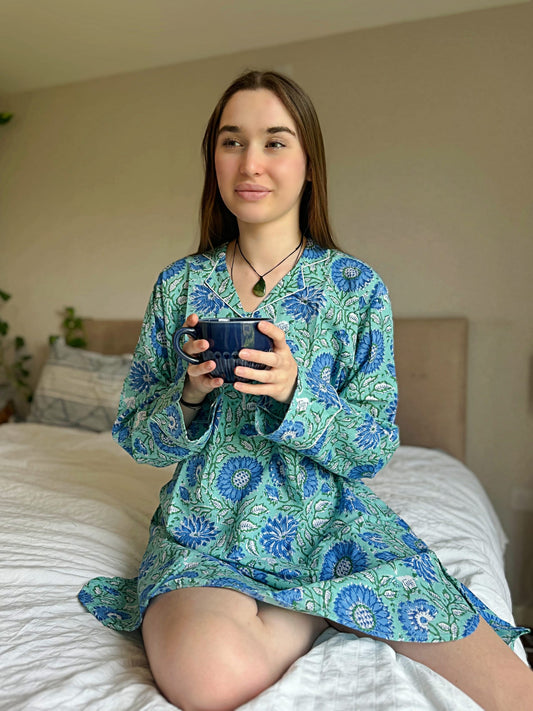 Relaxed Fit Cotton Night Shirt  Blue Marigold