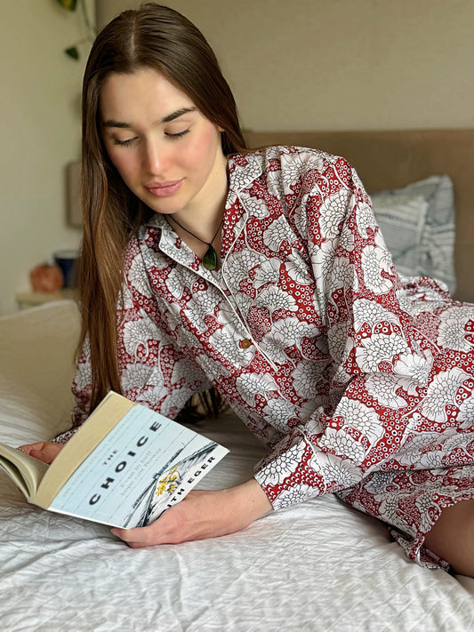 Relaxed Fit Cotton Night Shirt  Deep Red Botanical Bloom