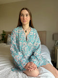 Relaxed Fit Cotton Night Shirt  Aqua White Botanical Floral