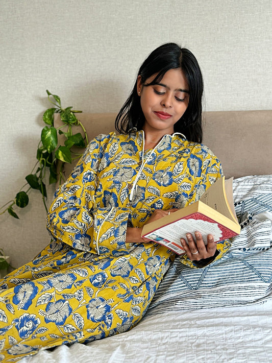 Relaxed Fit Cotton Night Shirt  Mustard Yellow Blue
