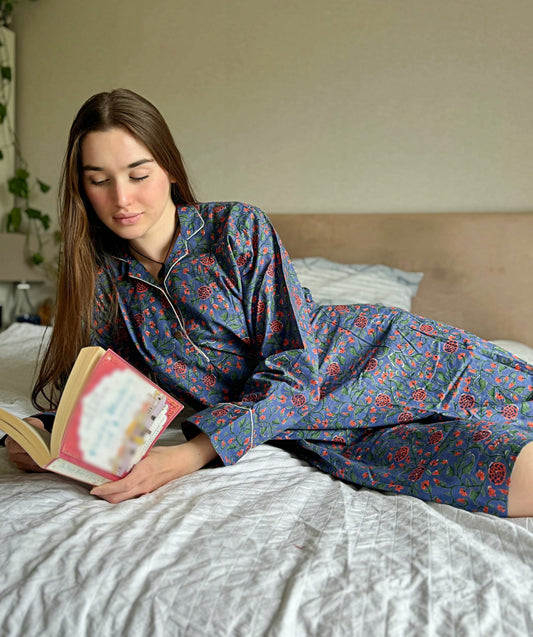 Relaxed Fit Cotton Night Shirt  Blue with red flowers