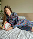 Relaxed Fit Cotton Night Shirt  Blue with red flowers