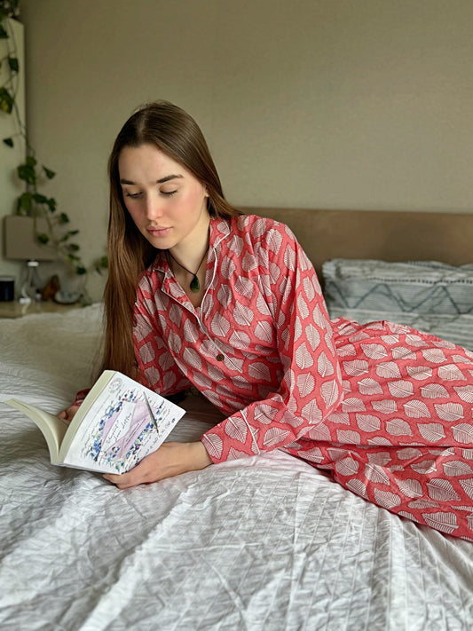 Relaxed Fit Cotton Night Shirt  Peach with leaf print