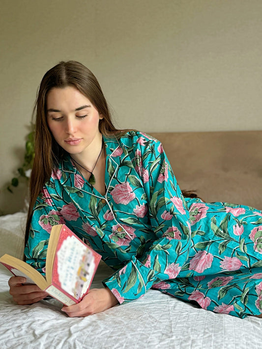 Relaxed Fit Cotton Night Shirt  Sea colour with pink flowers