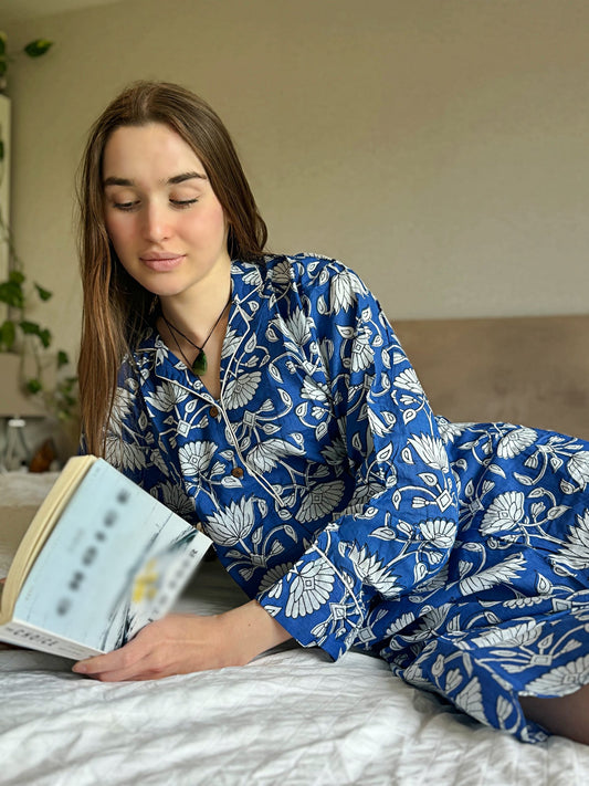 Relaxed Fit Cotton Night Shirt  Blue with white