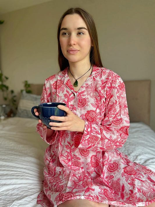 Relaxed Fit Cotton Night Shirt  Pink with white