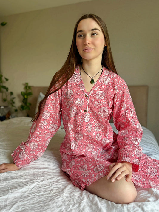 Relaxed Fit Cotton Night Shirt  Pink with white marigold