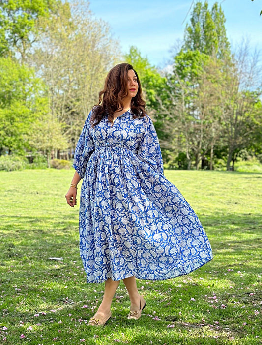 Elegant Block print Midi Dress stitched to be your next comfy dress this Summer in Rich Blue White Spring Dream LoveBlue White Spring Dream Love